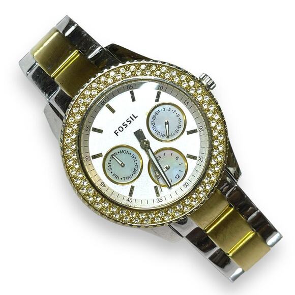 Fossil Stella Watch Womens Two Tone Rhinestone Bezel Mother of Pearl Dials WORKS - Picture 5 of 9